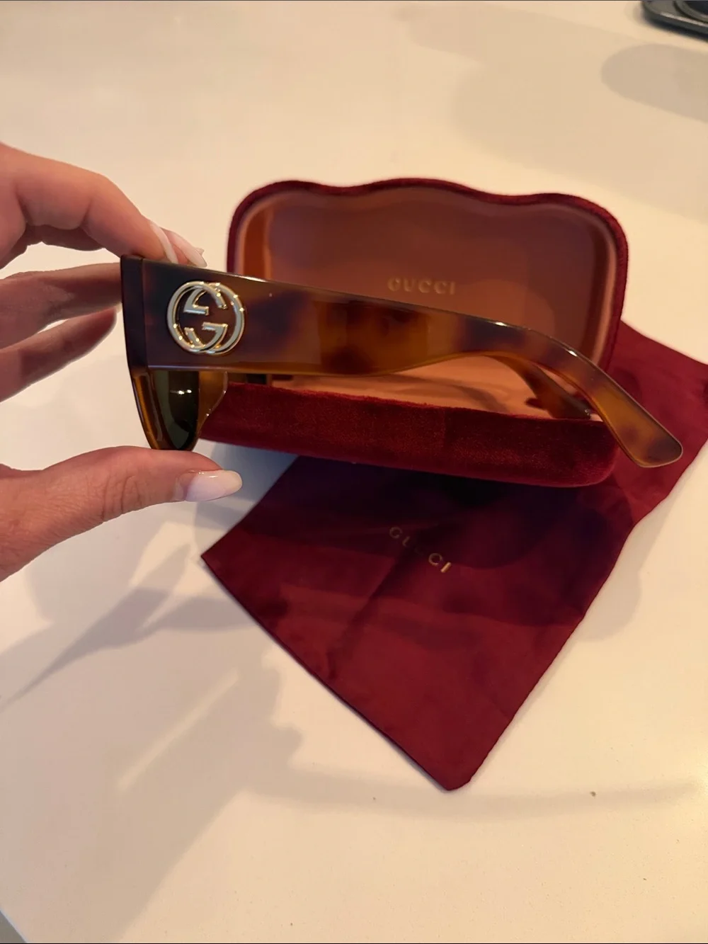 Gucci Oversized Women’s Dark Tortoise Frame Sunglasses with Green Lenses